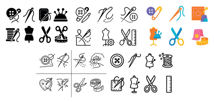 Sewing icons with needle scissors mannequin flat