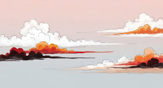 Dramatic sunset sky with soft white clouds illustrated in watercolor style with red-orange color gradients and dark smoky undertones