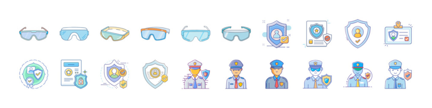 Biometric technology icons set face recognition security -  Flat collection of biometric and identity verification icons featuring face recognition, retina scan, VR goggles, and secure authentication 