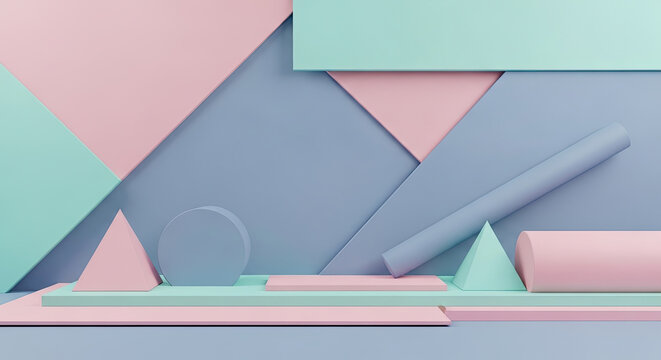 Geometric pastel arrangement of cylinders triangles and planes in blue pink and mint for product display backdrop design