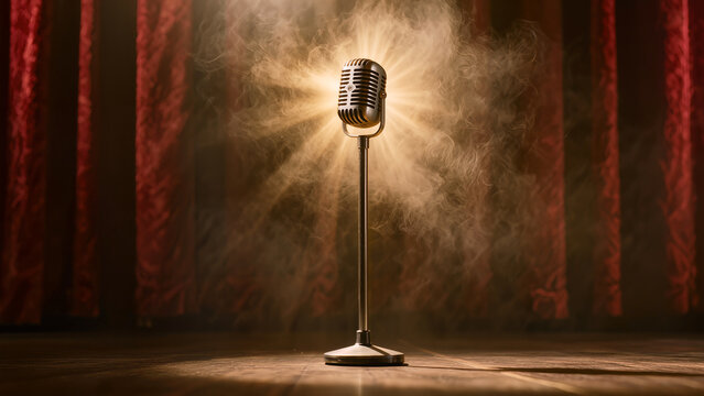  Vintage microphone on a dark stage in a spotlight, opera and performance concept.