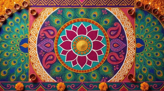 Intricate Rangoli With Marigold Centerpiece Colored Powder