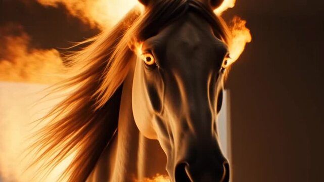 Majestic Black Horse with Flaming Eyes and Fiery Mane