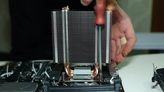 Hands using a screwdriver to install a massive heatsink with heat pipes onto the motherboard processor. Close-up of the PC assembly.