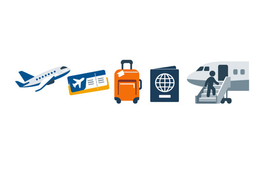 Set of flat vector air travel icons featuring a commercial airplane in flight, boarding pass ticket, orange rolling suitcase luggage, international passport, and a passenger boarding a plane.