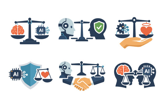 Icons for AI ethics and responsible development, balancing artificial intelligence with human values, empathy, and safety. Symbols of scales, brains, chips, and hearts for ethical technology.