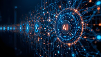 Obraz premium Artificial intelligence network visualization with glowing blue and orange nodes and connections