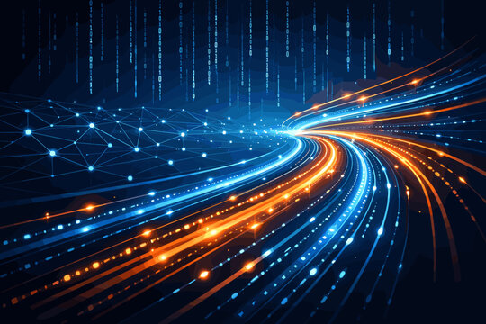 High-speed digital data stream with flowing particle lines and dynamic light trails across an advanced network grid with binary code rain, representing fiber optic internet and big data transfer.