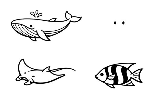 Set of Simple Line Art Sea Creatures Featuring a Whale, Octopus, Manta Ray, and Striped Fish for Underwater Design, Minimalist Marine Life Vector Illustration Collection for Coloring and Icons