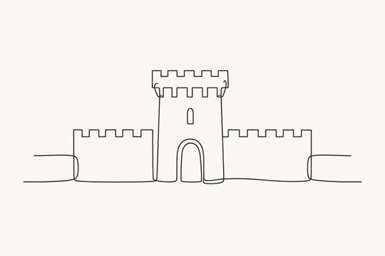 Minimalist continuous line drawing of a fortified medieval castle wall with a central tower, crenelated battlements, and arched gate, elegant one line art style for architecture and defense concepts.