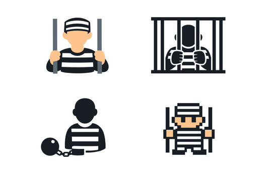 Comprehensive set of prisoner and inmate icons in diverse styles including flat design, silhouette behind jail bars, convict with ball and chain, and pixel art for crime and justice concepts.