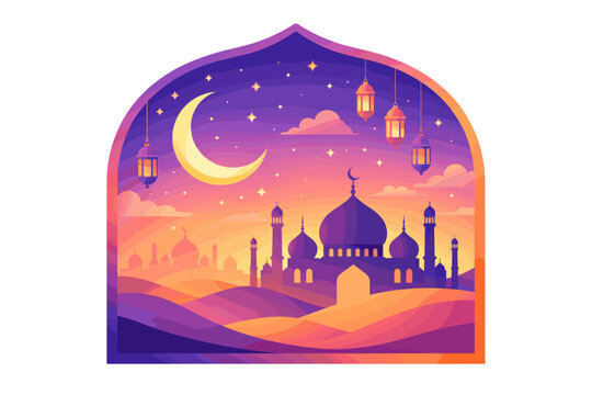 Ramadan Kareem Greeting Card with Mosque Silhouette, Crescent Moon, Glowing Lanterns, and Desert Dunes in a Modern Gradient Design Arch Frame for Islamic Celebrations, Eid Mubarak, and Social Media.