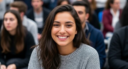 Fototapeta premium A Radiant Young Woman's Engaging Smile Stands Out in a Blurred Crowd