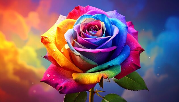 A vibrant, close-up image of a rose flaunting petals in every color of the rainbow, set against a dreamy, blurred background