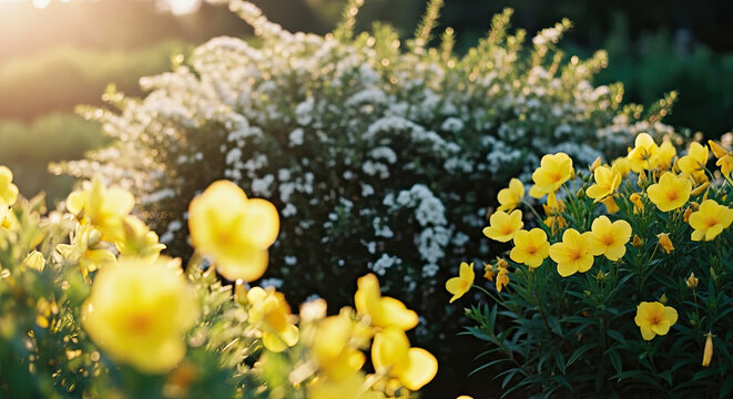 Bright yellow buttercup flowers blooming beside white spirea shrub in a lush garden setting bathed in warm sunlight creating a serene floral scene