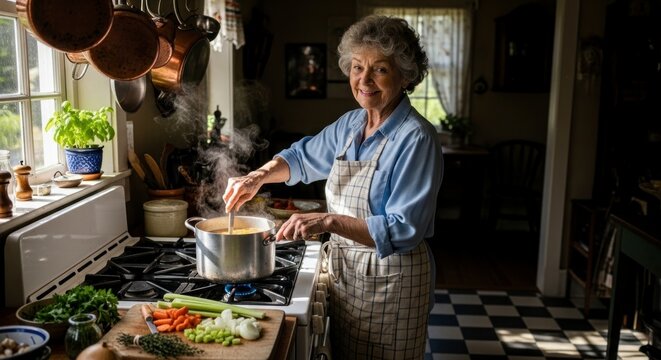 A Cheerful Grandmother's Hearty Soup Simmering in a Sunlit Rustic Kitchen