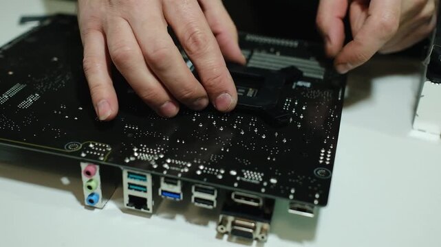 Hands carefully install a component onto a black computer motherboard. Close-up, detailed assembly.