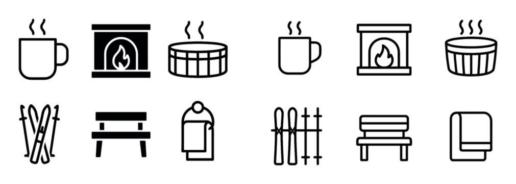 Winter spa icons with mug fireplace tub outline