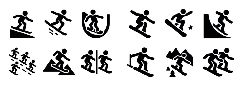 Snowboarding icons with snowboarder slope jump solid
