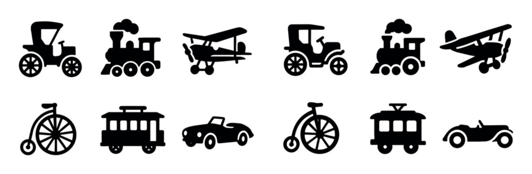 Transport icons with car train plane bicycle solid