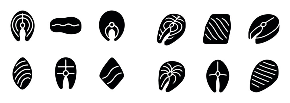 Seafood icons with fish steak fillet solid