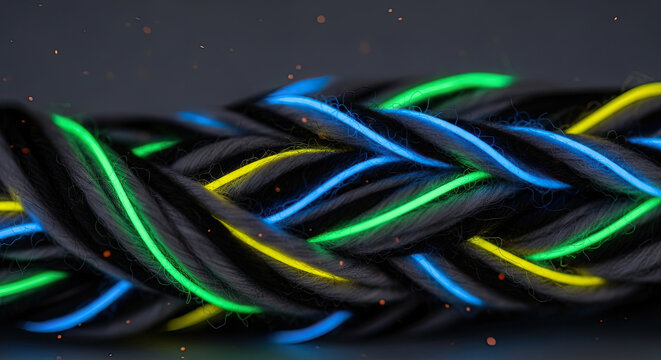 Braided dark cable with vibrant neon colors showcasing electric conductivity energy flow and innovative technology design concept