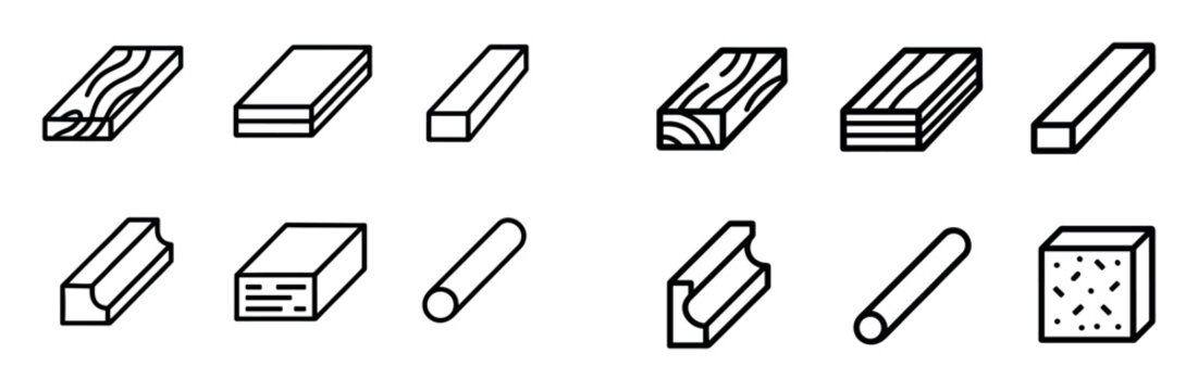 Construction icons with wood plank beam outline