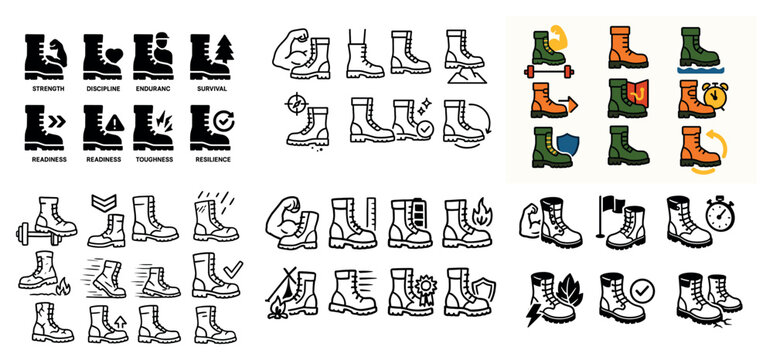 Footwear icons with boot shoe laces outline