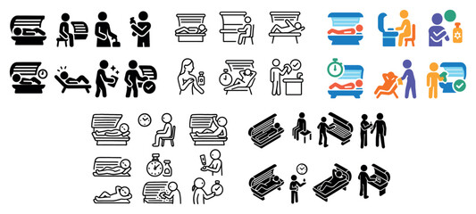 Naklejka premium Spa icons with tanning bed person attendant outline