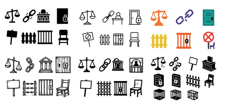 Law icons with scale chain gate outline