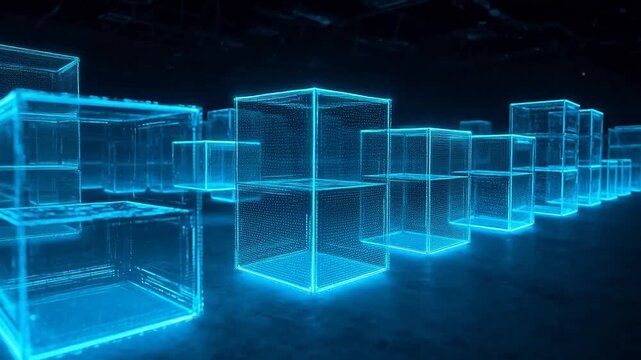 Blue glowing cube structures in a dark space symbolizing ecological sustainability and green energy