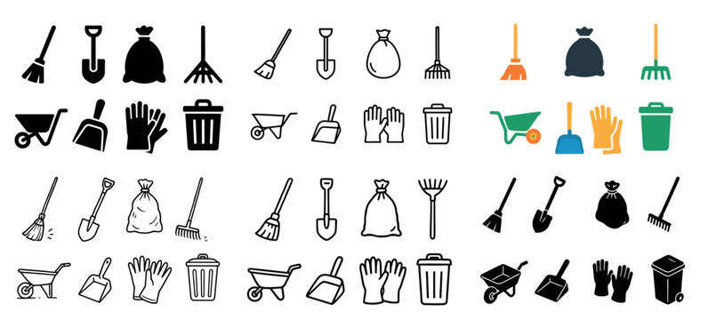 Cleaning icons with broom rake bag minimal