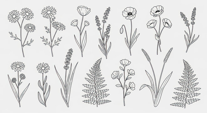 Delicate botanical line art featuring wildflowers ferns lavender and poppy illustrations in a minimalist style on a white background