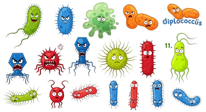 Colorful bacteria, cartoon microbes, diplococcus, vector illustrations, 20 elements