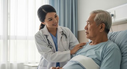 Fototapeta premium Caring Asian Doctor Comforts Elderly Patient with a Gentle, Reassuring Smile