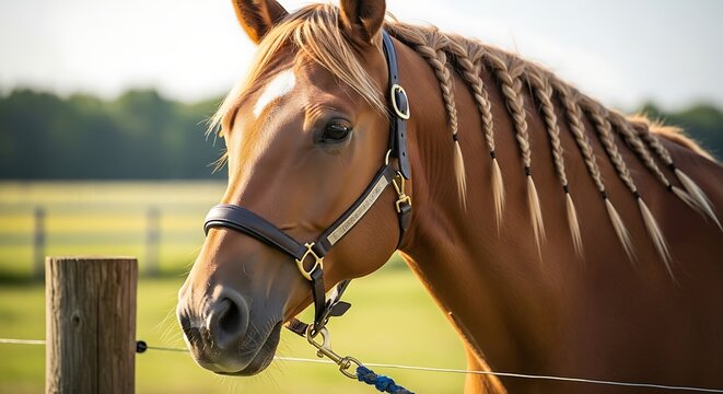 Chestnut horse with braided mane wearing a halter, soft focus background