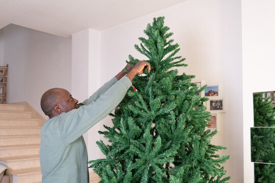 Man is assembling a Christmas Tree in His Living Room