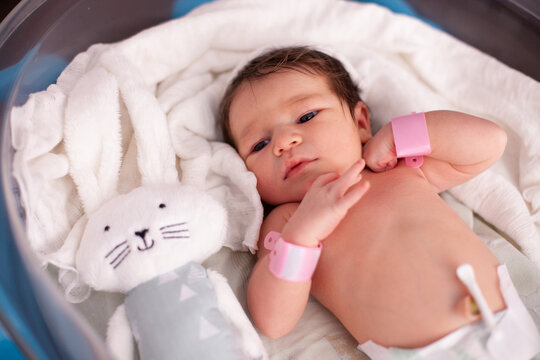 Newborn Baby Yawning in Hospital Bassinet
