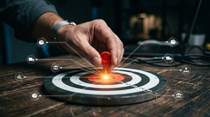 Obraz premium A hand skillfully throwing a dart towards the bullseye of a target on a dartboard.
