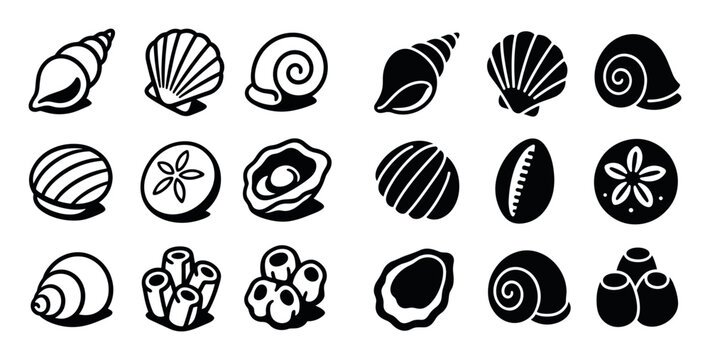 Seashell icons with conch scallop and oyster outline