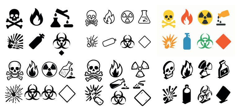 Hazard icons with skull flame biohazard bold