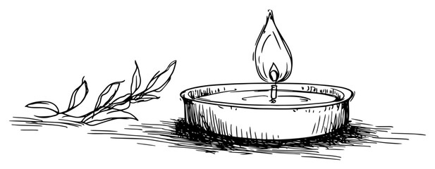 Burning candle with branch hand drawn sketch, memorial or spa relaxation element, engraved style meditation candle vector illustration