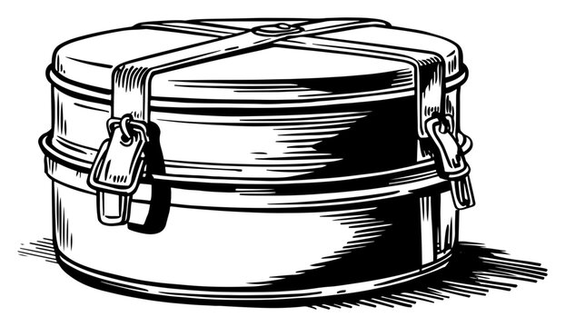 Vintage round hat box or travel luggage case sketch, retro container with leather straps and buckles, engraved style fashion accessory vector