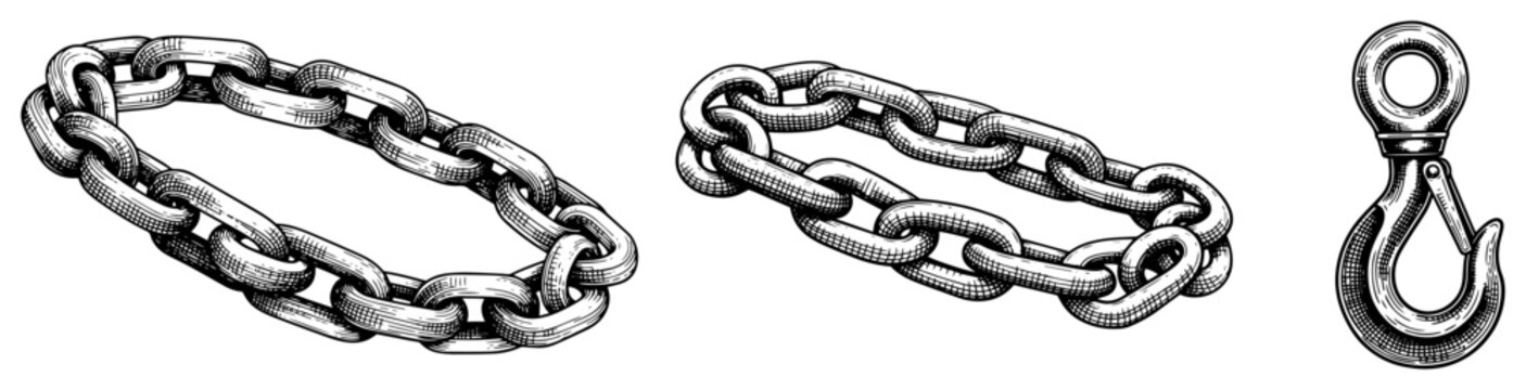 Metal chains and lifting hook set hand drawn sketch, industrial heavy duty hardware, engraved style steel links vector illustration