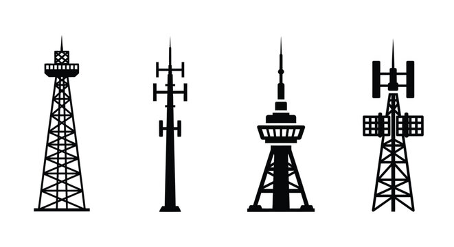 Four distinct communication towers presented as a stark black silhouette