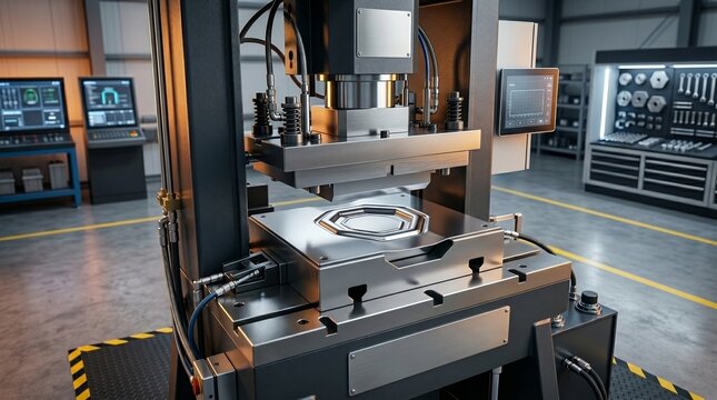 Hydraulic metal stamping press machine working in workshop. Industrial metalwork manufacturing process with automated production equipment. Modern technology for precision metal part fabrication.