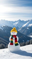 Obraz premium Cheerful snowman with yellow hat & striped scarf in snowy mountain landscape