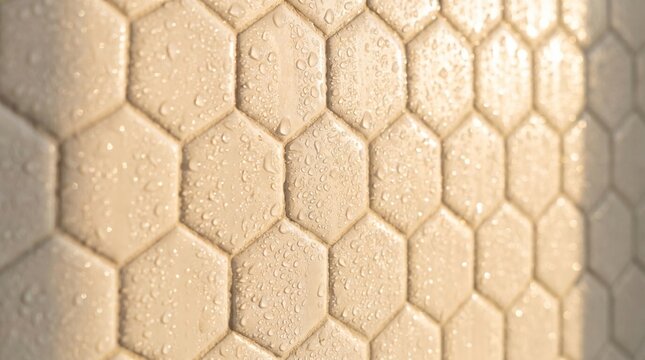 Close-up view of a textured wall featuring a repeating pattern of hexagonal shapes in a white color 