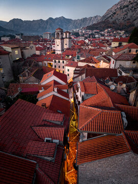 Aerial View of Kotor Old Town and St Tryphon Cathedral at Dusk