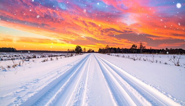 Scenic Winter Road with Vibrant Sunset and Snowy Landscape